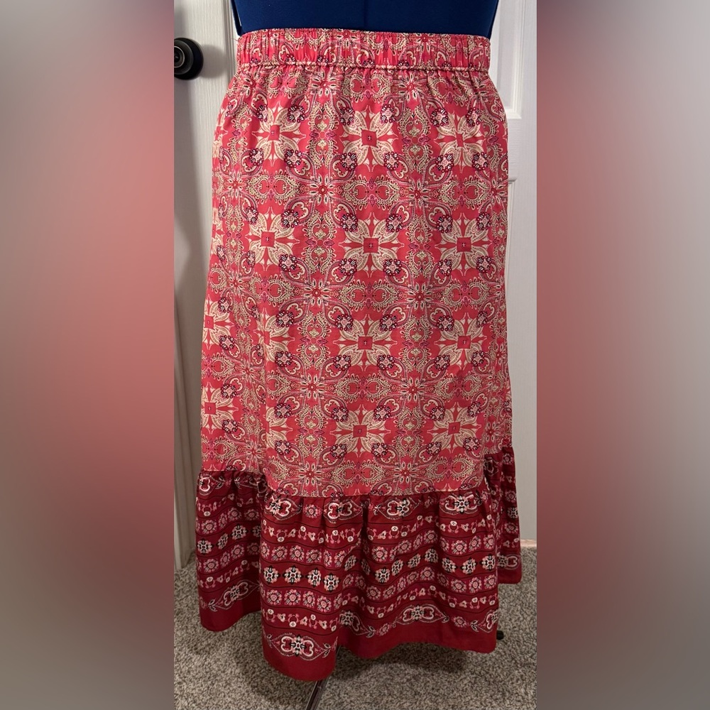LOFT Outlet Red Peach and White Patterned Long Skirt